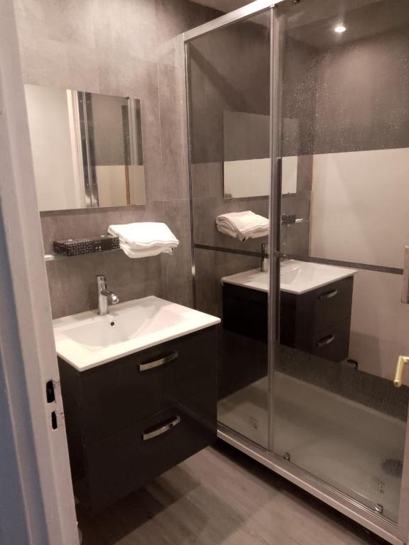 une salle de bain avec un lavabo et une douche en verre dans l'établissement Appartement avec 2 chambres Morlaix, à Morlaix
