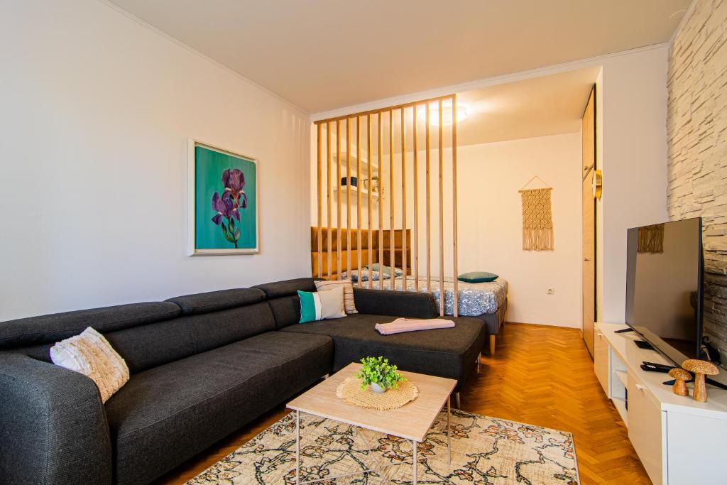 a living room with a black couch and a television at Flexible SelfCheckIns 102 - Zagreb - Parking - WIFI - Loggia in Zagreb
