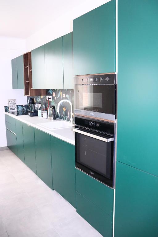 - une cuisine avec des placards verts et un four noir dans l'établissement L'écrin, à Amiens