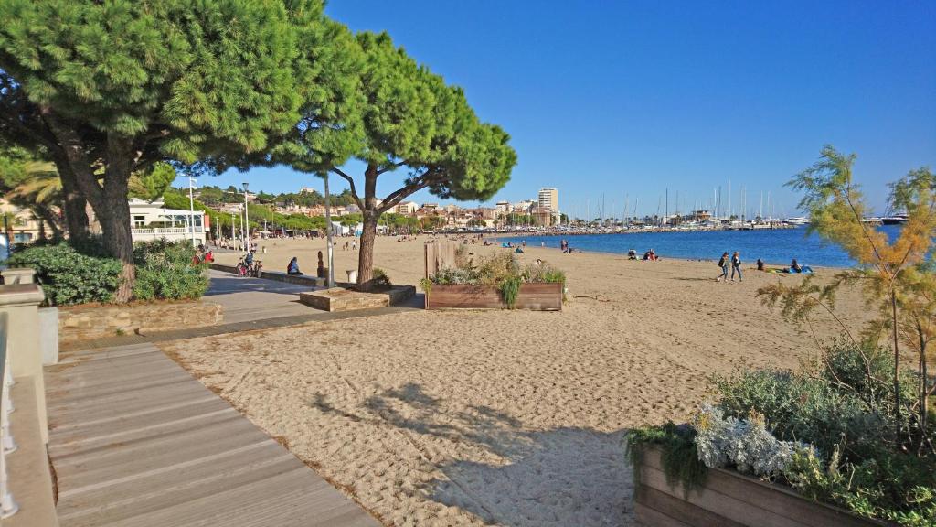 une plage de sable avec des arbres et des gens sur la plage dans l'établissement Le Gémini, à Sainte-Maxime