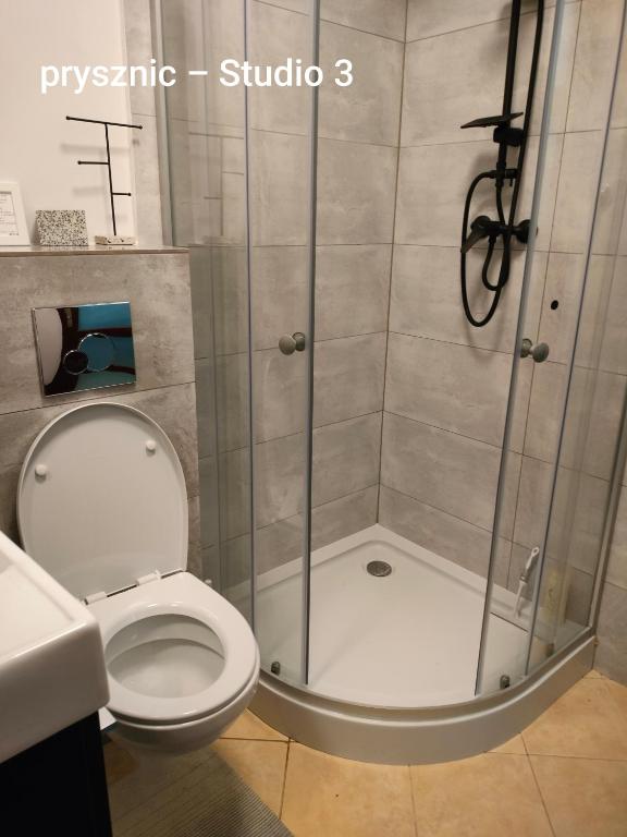 Koupelna v ubytování Urocze studia w Łomiankach, 1- z sauną i tarasem, 2- z kominkiem, 3- ekonomiczne, 7km metro Młociny Warszawa