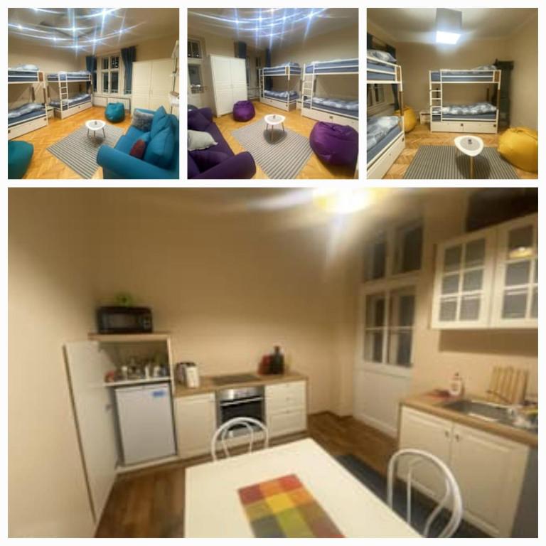 three pictures of a kitchen and a living room at FG Boutique Hostel in Sarajevo