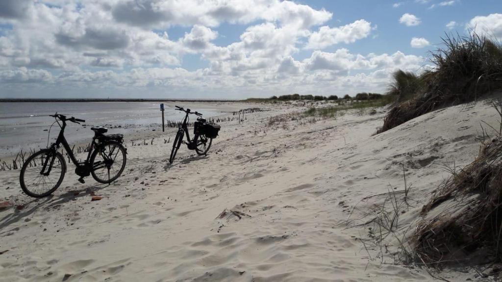 two bikes parked on a beach near the water at Kiek mol wedder in in Borkum
