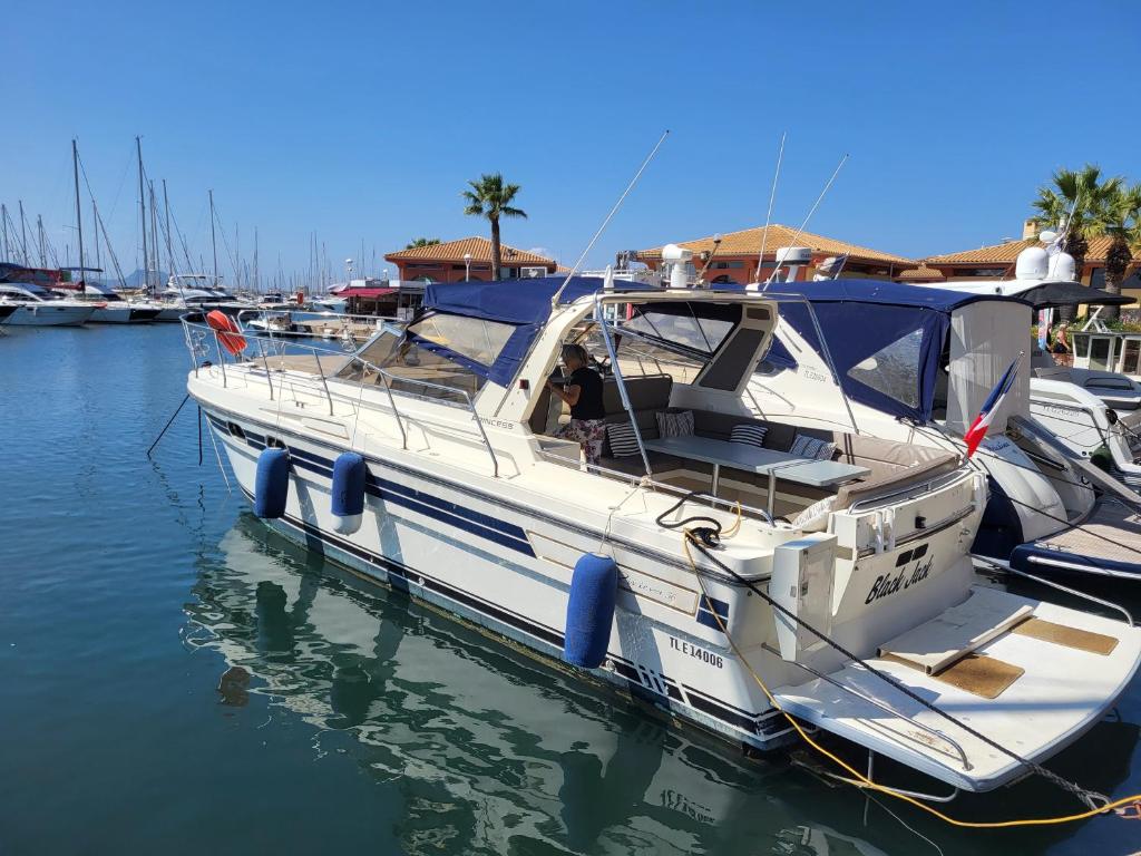 un barco blanco está atracado en el agua en Port de Saint-Raphaël, en Saint-Raphaël