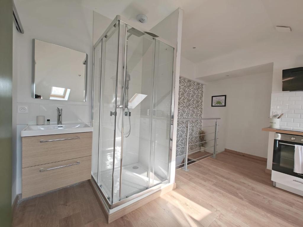 une salle de bain avec une douche en verre et un lavabo dans l'établissement Le Chistera, zen et intimiste, à Brive-la-Gaillarde
