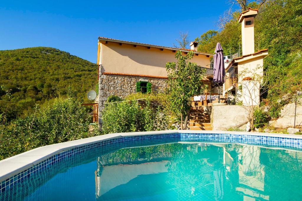a swimming pool in front of a house at Woodland Retreat in Donji Zagon