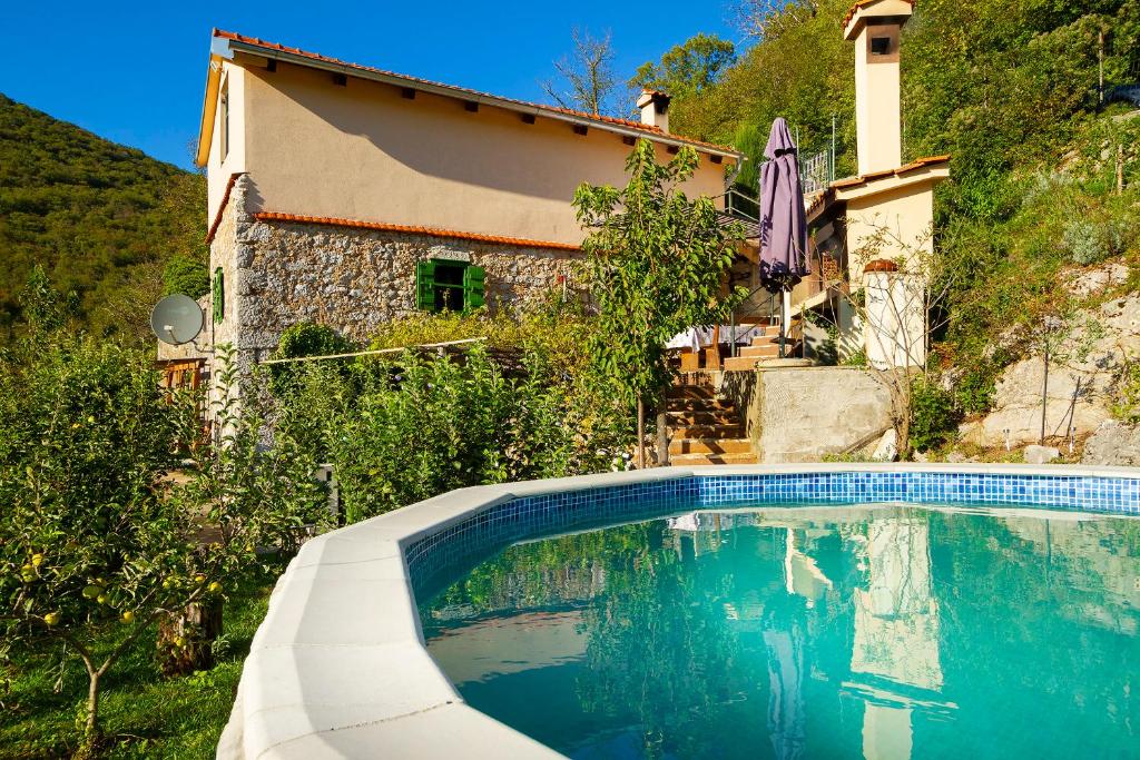 a swimming pool in front of a house at Woodland Retreat in Donji Zagon