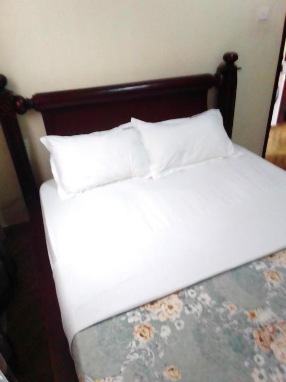 a bed with two pillows on top of it at Mona Apartments in Kampala