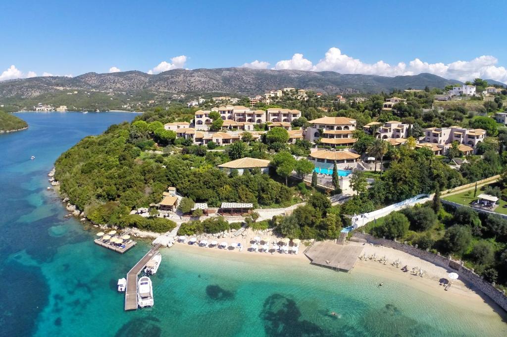 an aerial view of the resort and the beach at Domotel Agios Nikolaos Suites Resort in Syvota