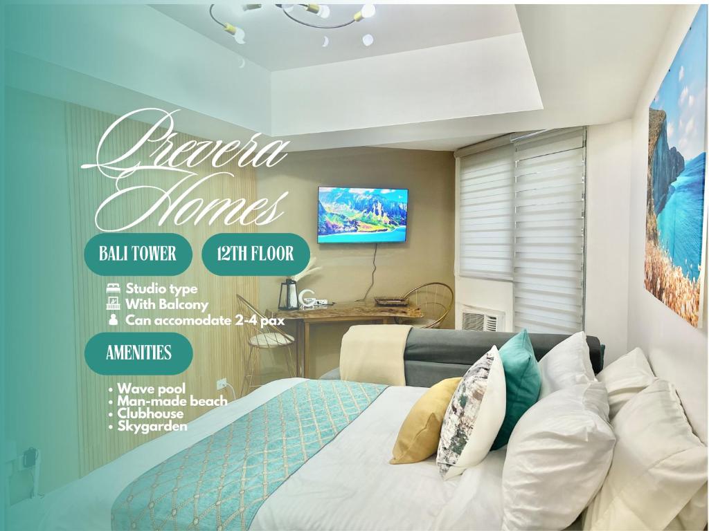 a poster of a bedroom with a bed and a tv at Studio in Azure North Pampanga in San Fernando