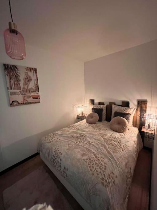 une chambre avec un lit avec deux oreillers dessus dans l'établissement Atelier du spa jacuzzi illimité proche du mont saint Michel, à Avranches