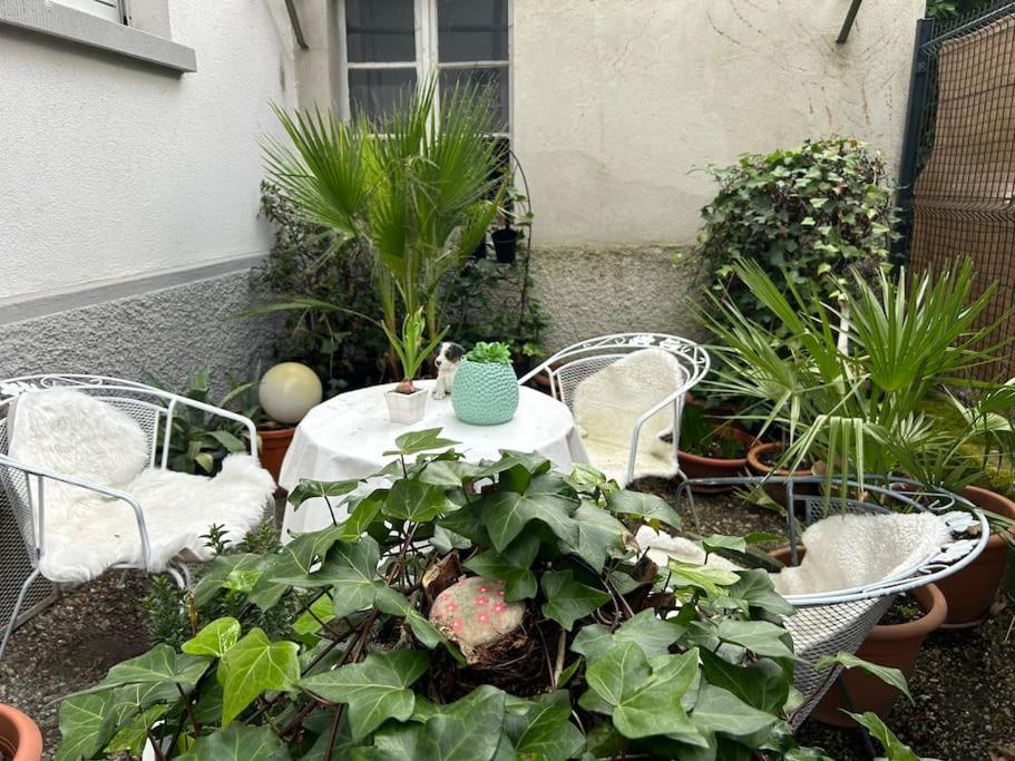 een tafel en stoelen in een tuin met planten bij Studio proche du centre-ville in Straatsburg