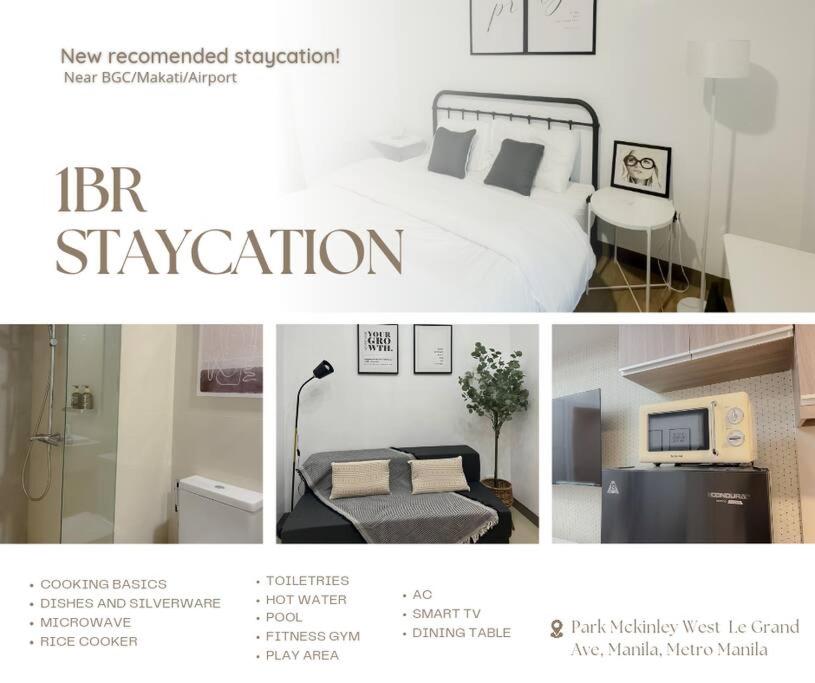 Un collage de fotografías de un dormitorio con una cama. en Park Mckinley West 1BR Balcony near BGC Makati Airport, en Manila