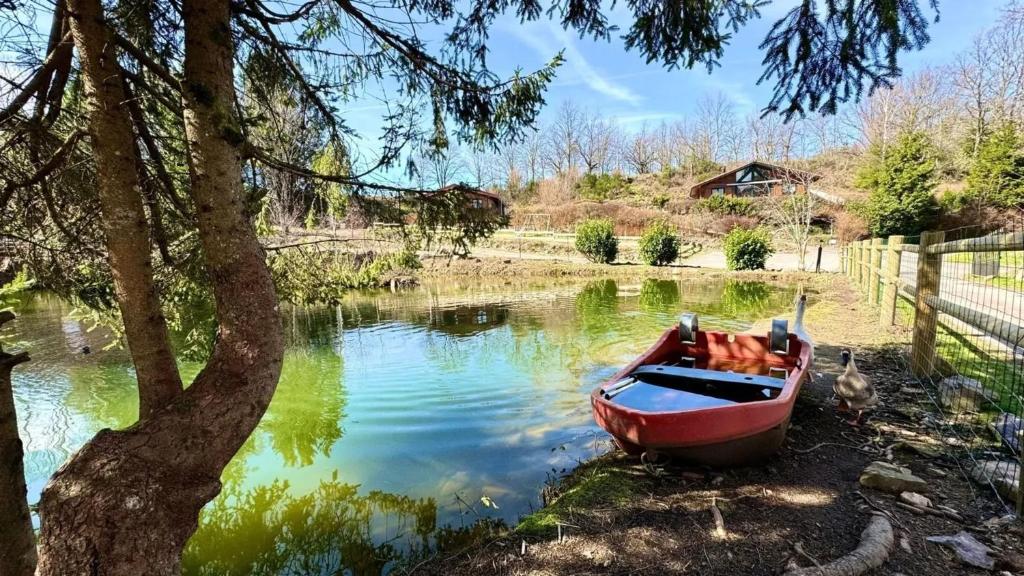 a red boat sitting in the water next to a tree at Appartement confortable à Gerbépal 55 m² avec sauna in Gerbépal