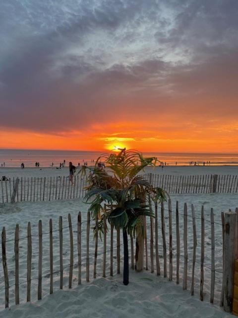 une clôture sur une plage avec le coucher du soleil en arrière-plan dans l'établissement Les Obiones, vue latérale mer, Fort Mahon Plage, magnifique studio cabine 4p, avec balcon , parking privé gratuit, wifi, classé 2 étoiles, exposition plein sud en Baie de Somme, à Fort-Mahon-Plage