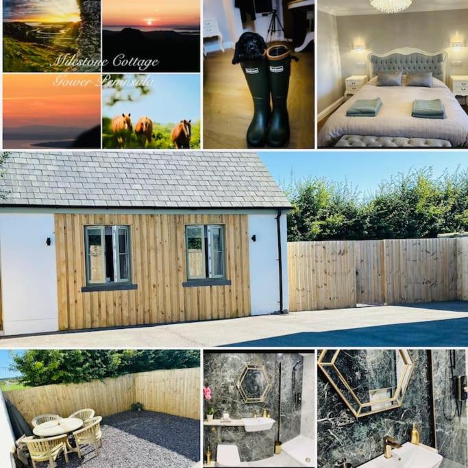 a collage of pictures of a bedroom and a house at Milestone Cottage in Swansea