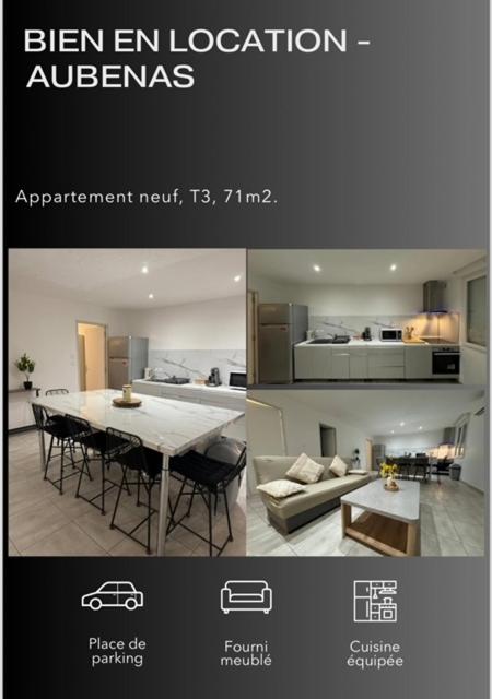 un collage de deux photos d'une cuisine et d'un salon dans l'établissement Grand appartement spacieux - Aubenas, à Aubenas