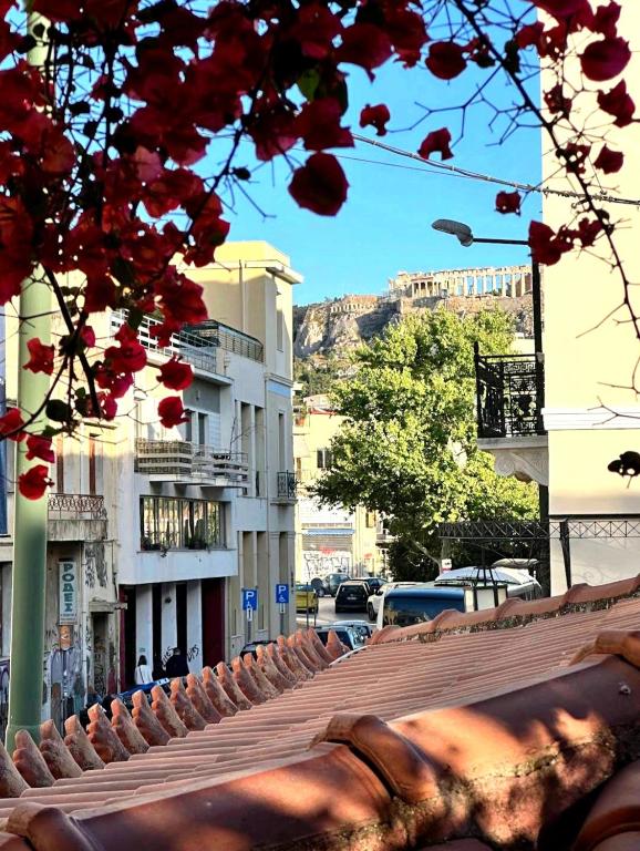 a roof of a building with red flowers on it at Apeiron Acropolis Suites in Athens