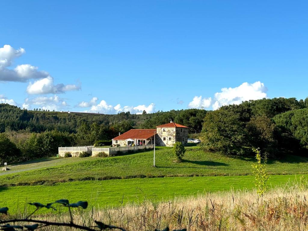 una casa en una colina con un campo verde en As Casiñas Bed & Breakfast Porto de Bois, en Lugo