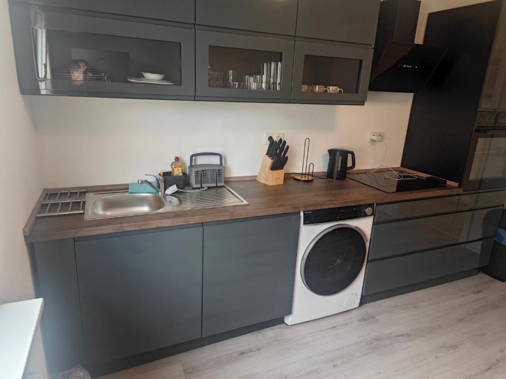 a kitchen with a sink and a washing machine at Work and Stay Attendorn 3 Schlafzimmer Neu Modernisiert Küche Bad Wohnzimmer Terrasse in Attendorn
