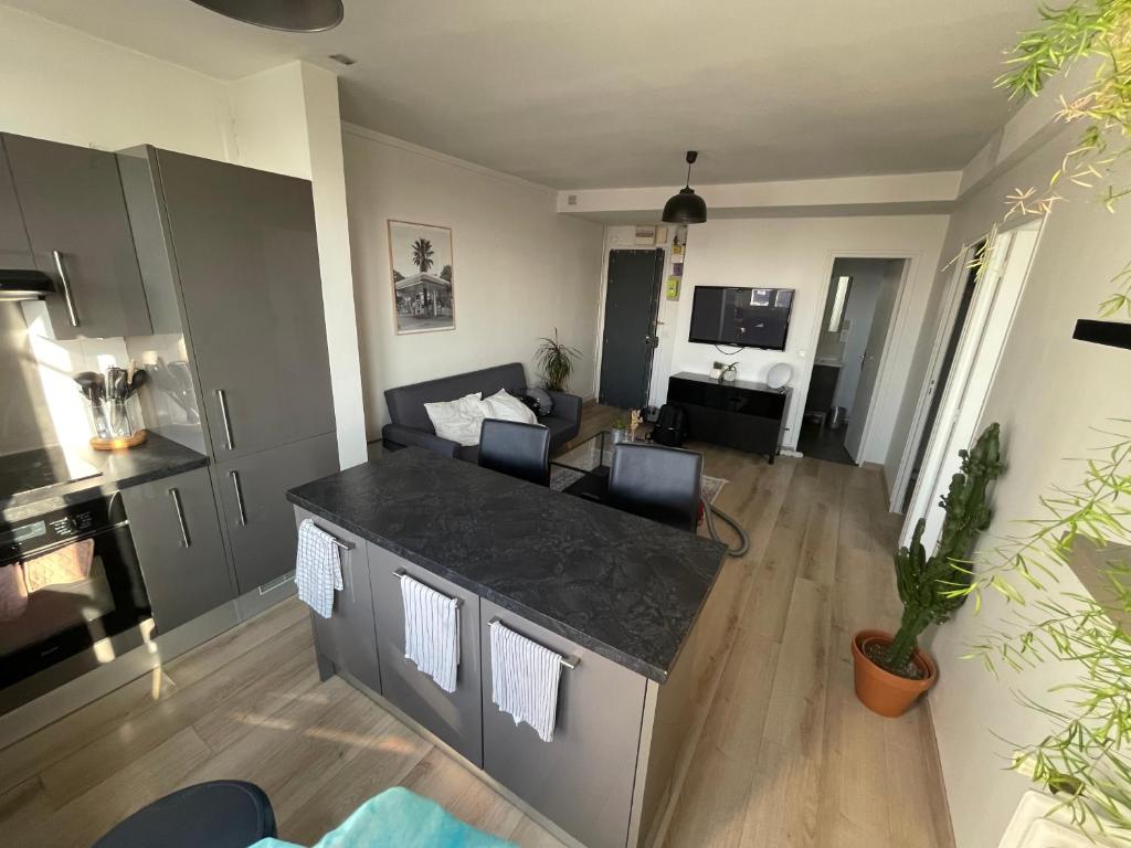 - une cuisine et un salon avec un comptoir dans une pièce dans l'établissement Vincennes Valley, à Vincennes