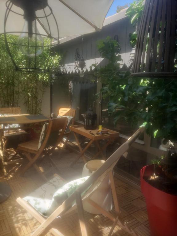 un patio avec une table, des chaises et des plantes dans l'établissement Le grenier de Marie, à Saint-Laurent-dʼAigouze