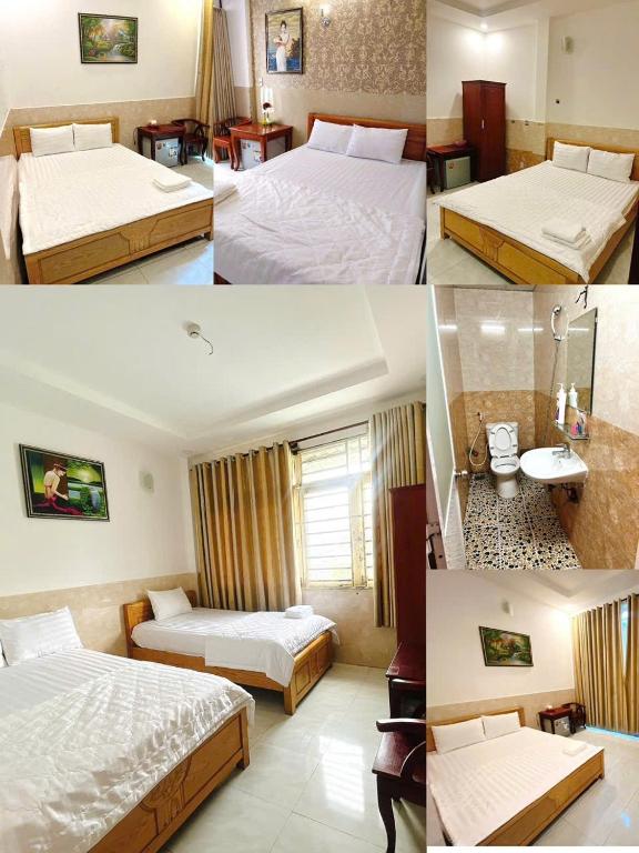 four pictures of a hotel room with two beds at Khách Sạn Thiên Phúc in Ho Chi Minh City