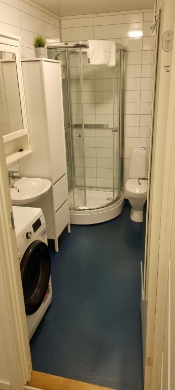 a bathroom with a glass shower and a toilet at 2 Bedroom Apartment Located Downtown Trondheim in Trondheim