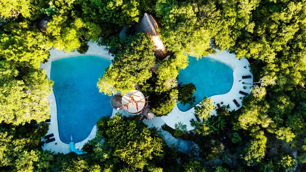 an aerial view of two ponds in a forest at Villa Escondida - Riviera Maya in Puerto Morelos