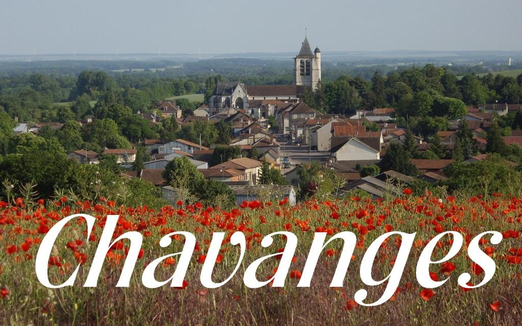 un campo de amapolas con un pueblo en el fondo en Chambres d'hôtes Le Gilliard en Chavanges