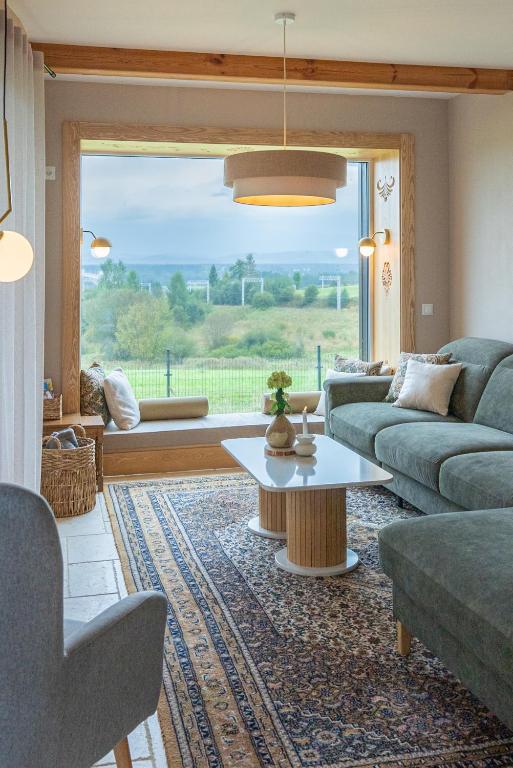 a living room with a couch and a table and a window at Apartament Vidok in Nowy Targ