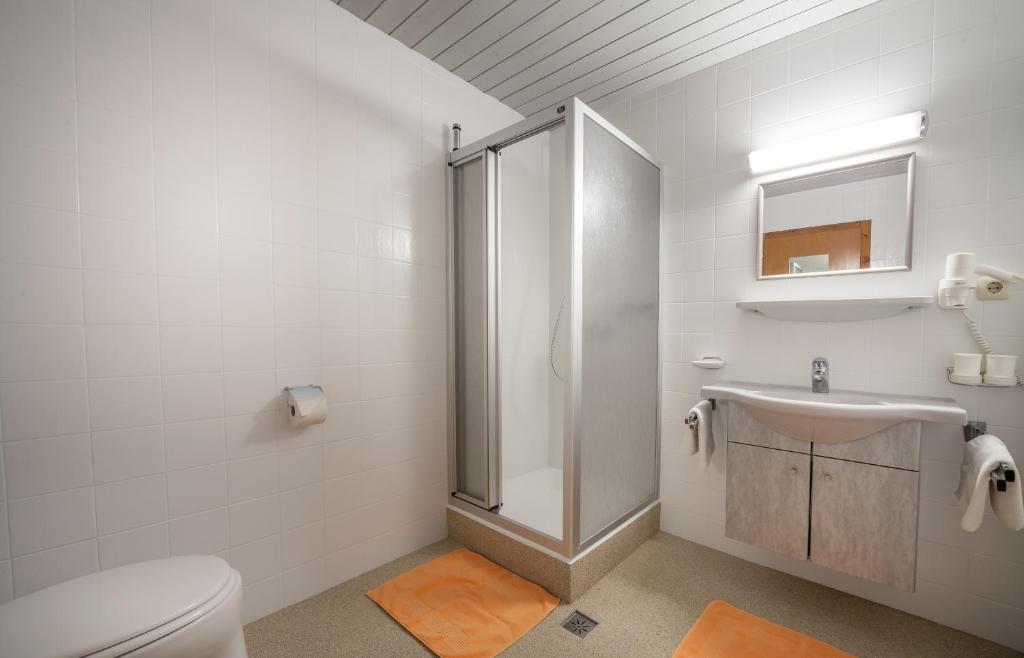 un bagno con doccia, WC e lavandino di Gästehaus Erler a Tux