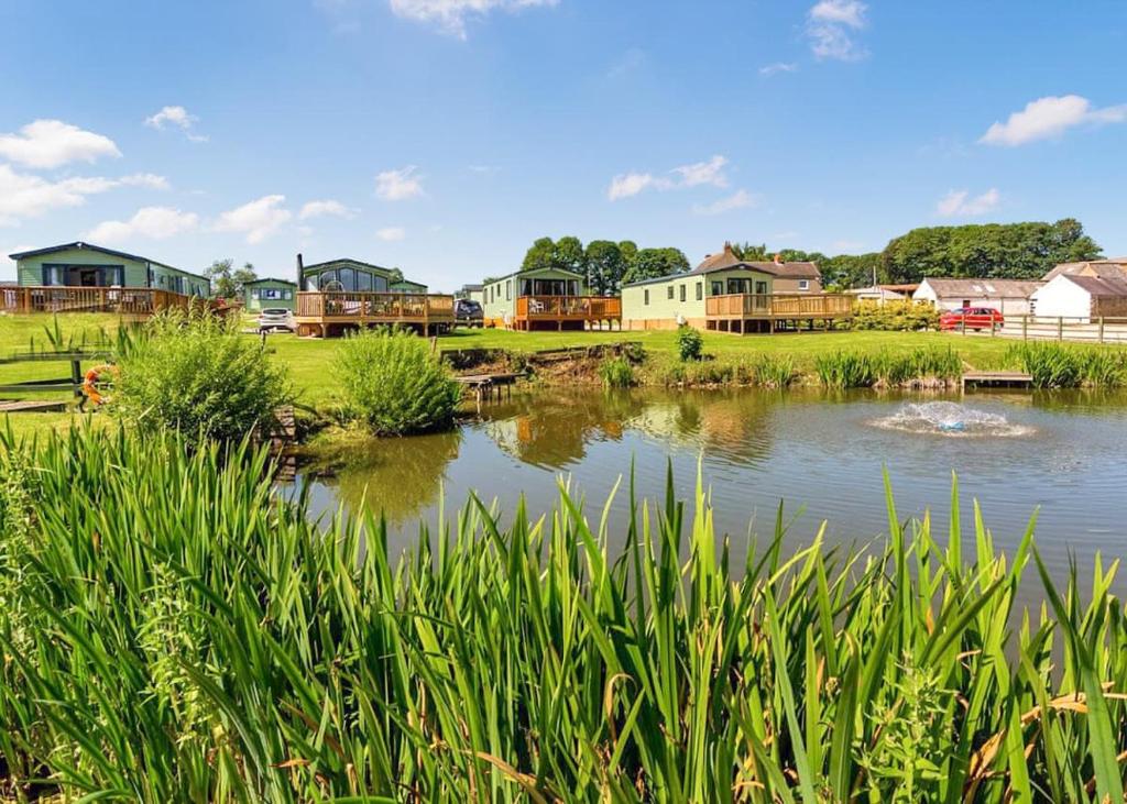 a view of a lake with houses in the background at Burtree Lakes Holiday Park in Bedale