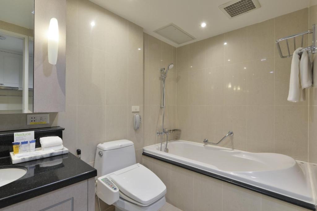 A bathroom with a built-in bathtub, handheld shower, toilet and black-stone vanity.