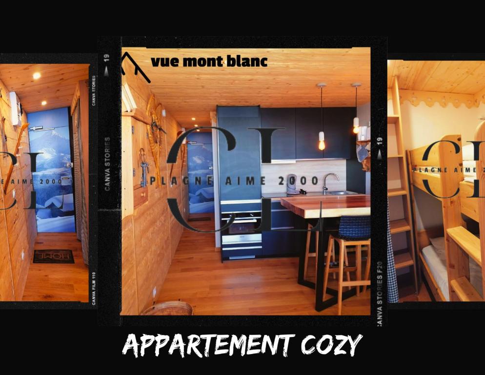 deux photos d'une cuisine et d'une conversion d'appartement dans l'établissement Cozy Luxe 2 étoiles Panorama Imprenable - Paquebot des Neiges - Pied des pistes - Paradiski, à Aime La Plagne