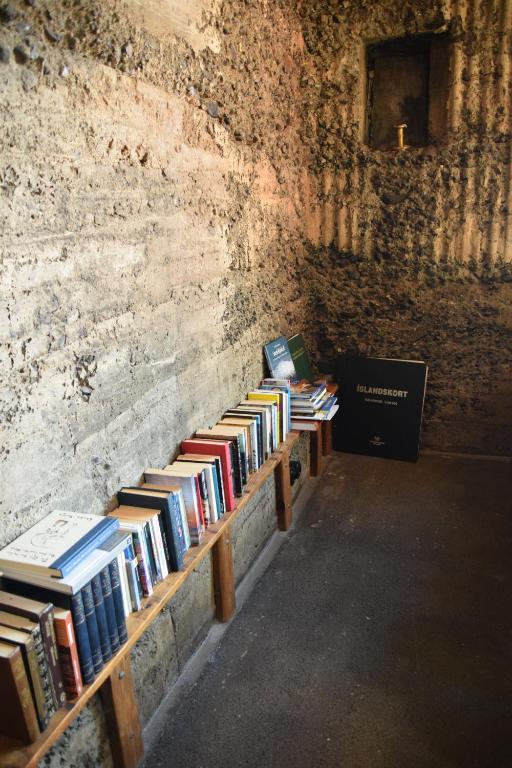 a row of books on wooden shelves in a room at The Holy Ram Farm-Hotel in Snæfellsbær