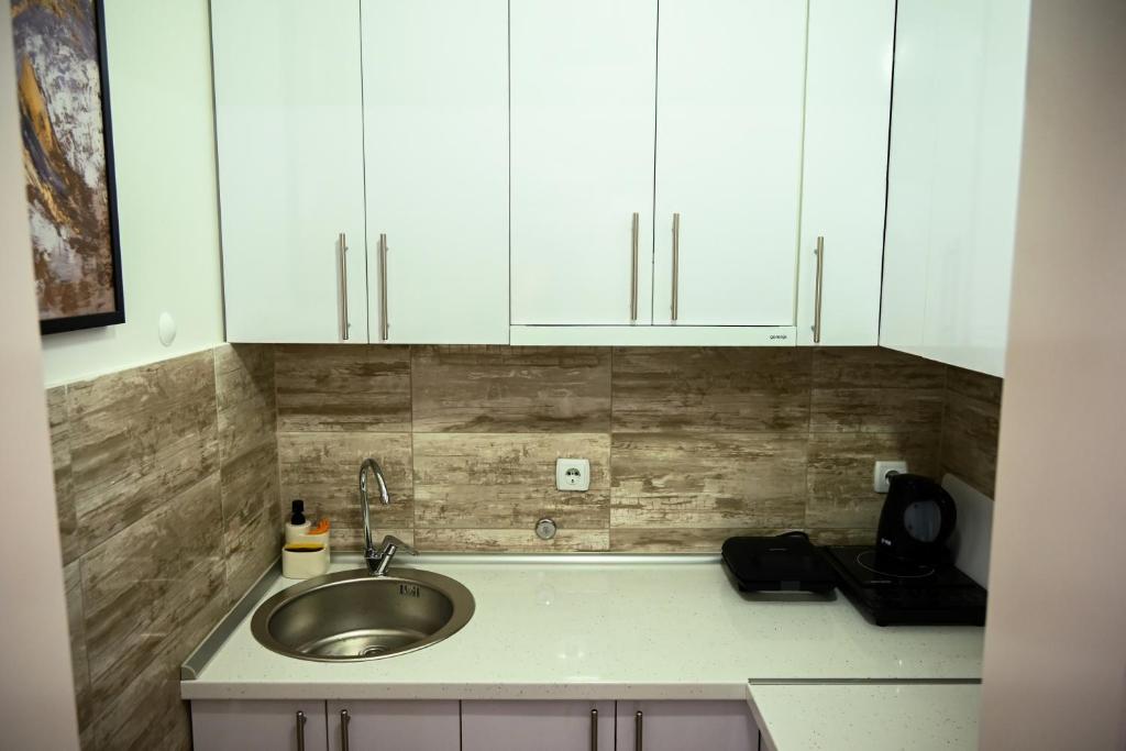 Kuchyň nebo kuchyňský kout v ubytování Blue apartment