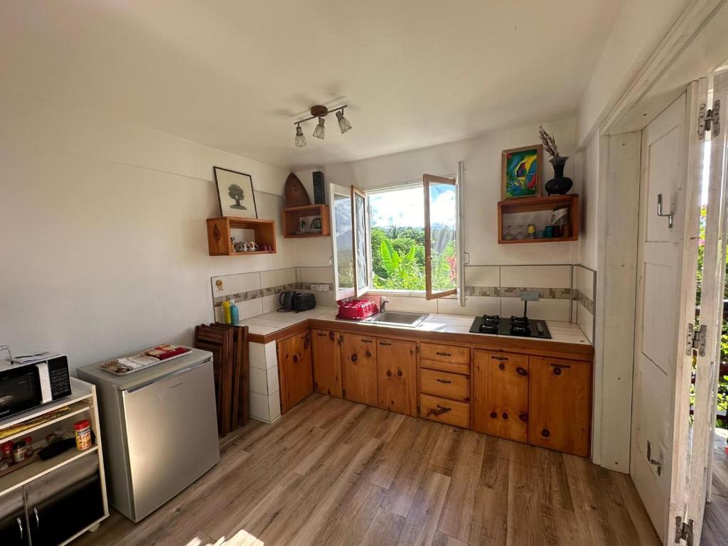 cocina con armarios de madera, nevera y ventana en Home Song, en Calibishie