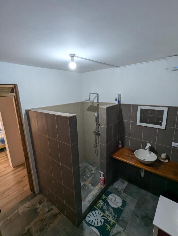Habitación con baño con lavabo y ducha. en Home Song, en Calibishie