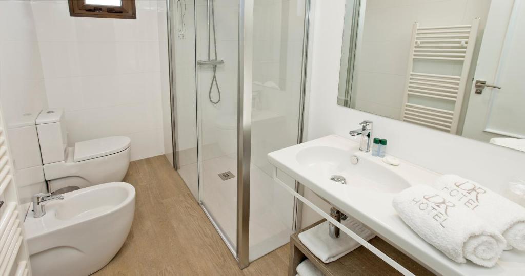 Un baño con lavabo, inodoro y ducha. en Hotel Dos Rios Origen, en Aínsa