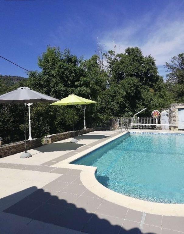 - une grande piscine avec un parasol dans l'établissement Location Estivale en Haute Corse, à Scata