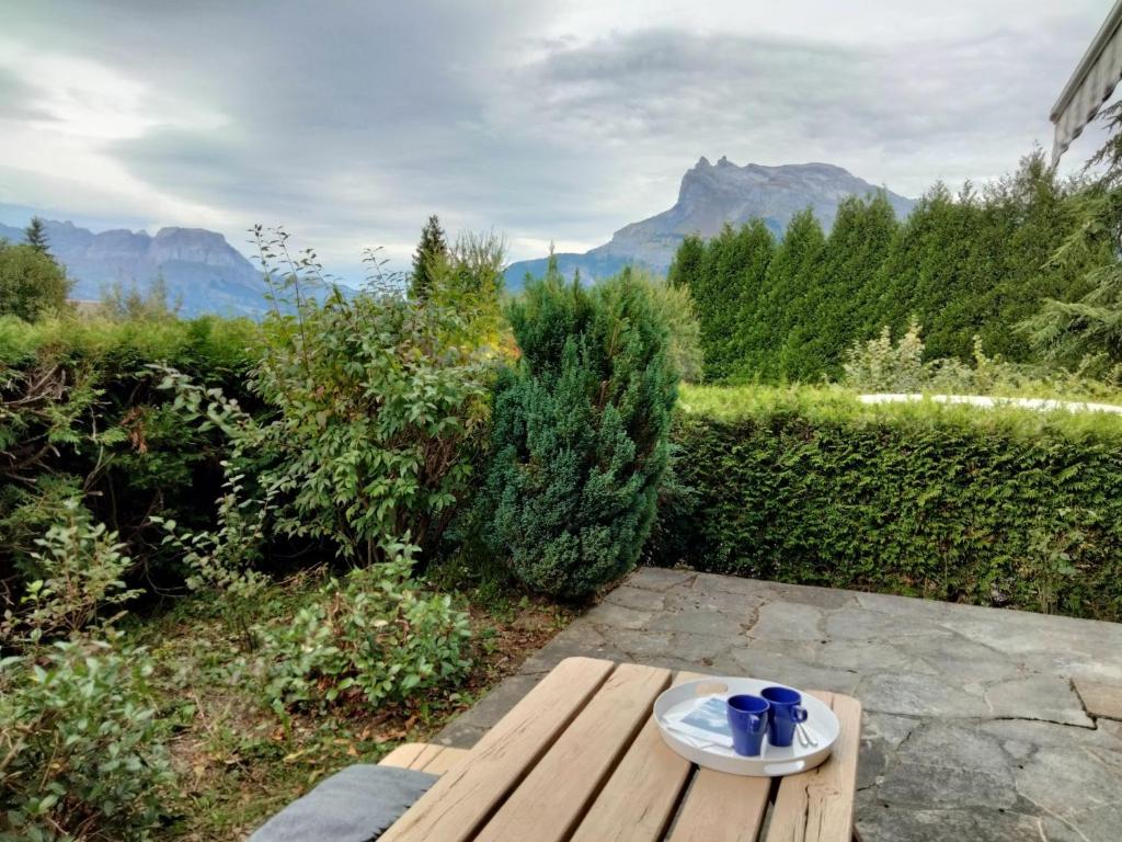 - une assiette sur une table en bois avec des tasses bleues dans l'établissement Studio Les cimes blanches by Interhome, à Saint-Gervais-les-Bains