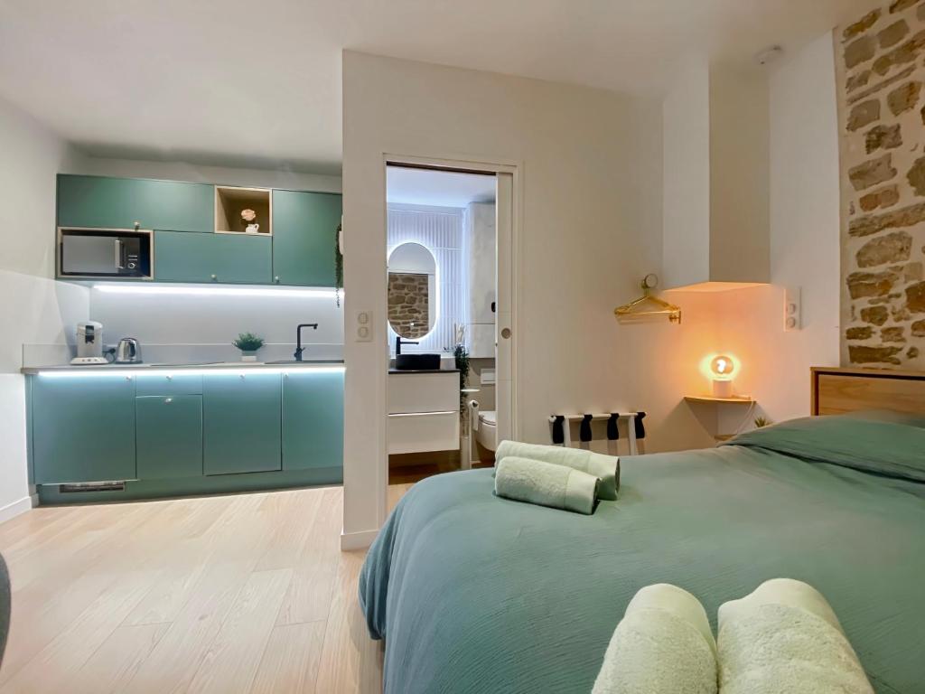 une chambre avec un lit et une salle de bain avec un lavabo dans l'établissement LE NID VANNETAIS - Quartier historique et gare à pied, à Vannes