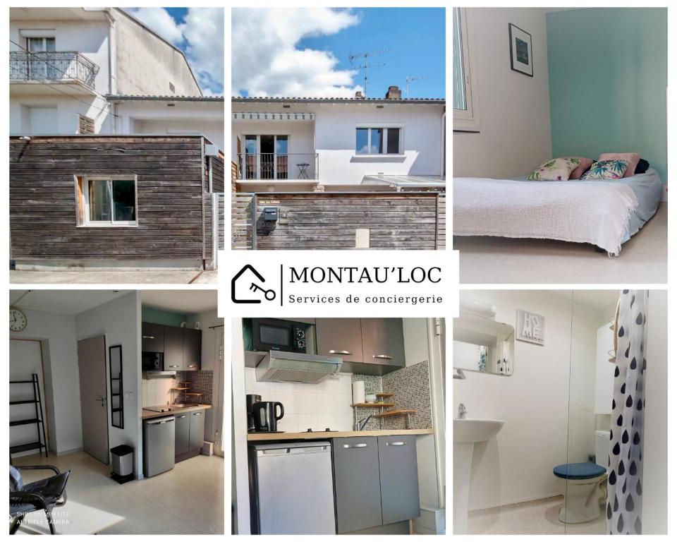 un collage de quatre images d'aominium dans l'établissement La cahute, studio avec cour extérieure, à Montauban