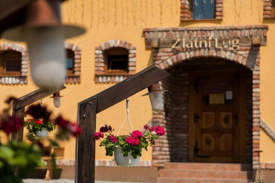 a building with a pot of flowers in front of a door at Zlatni Lug in Požega