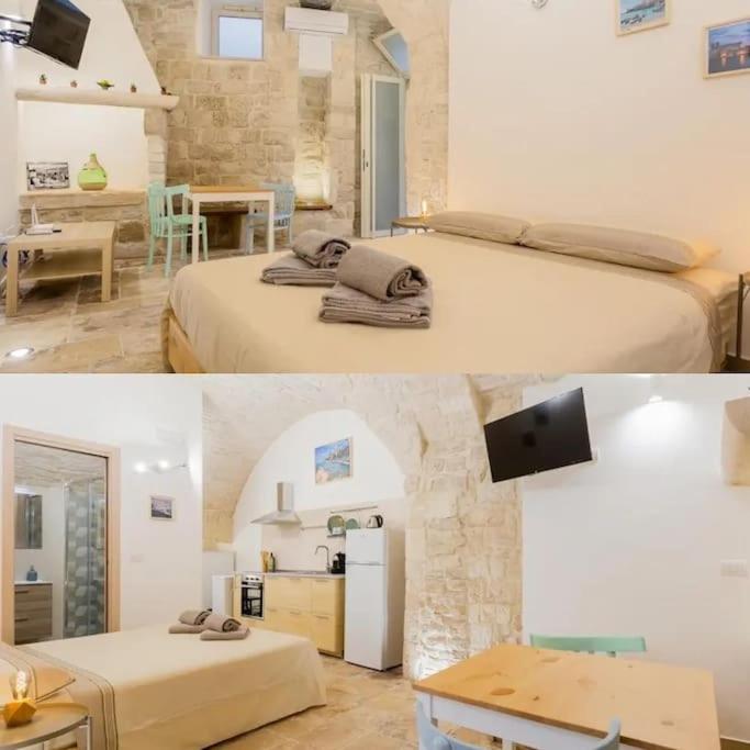 two pictures of a room with two beds and a kitchen at Da Nonno Luigi casa vacanze in Giovinazzo