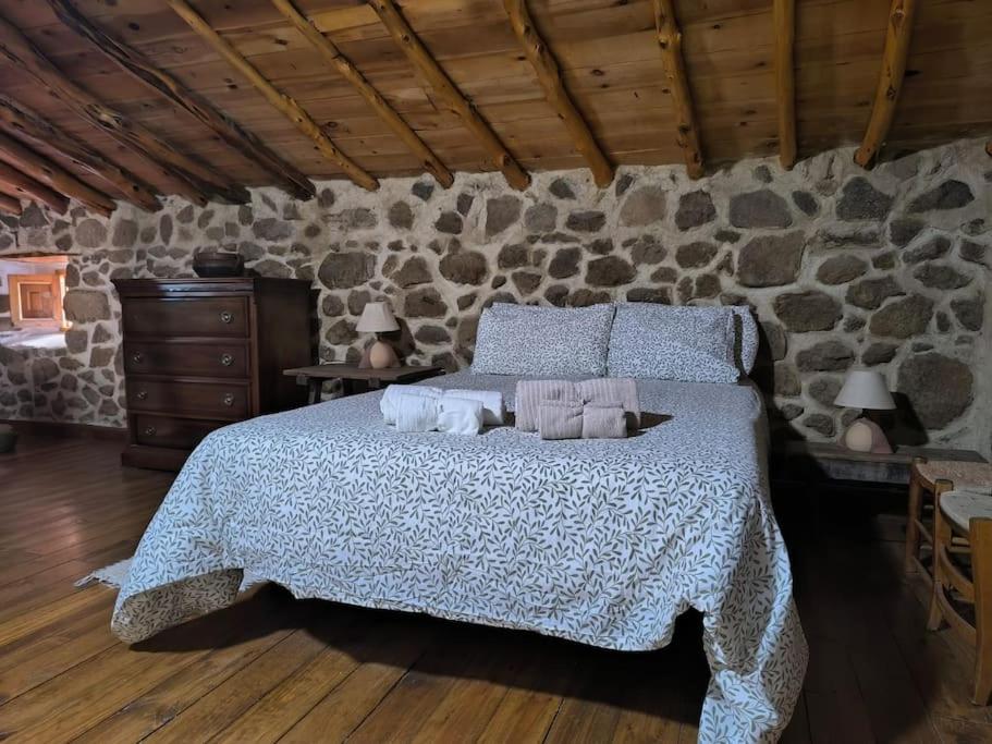 ein Schlafzimmer mit einem Bett und einer Steinwand in der Unterkunft Agroturismo Los Prados Sierra de San Vicente in Castillo de Bayuela