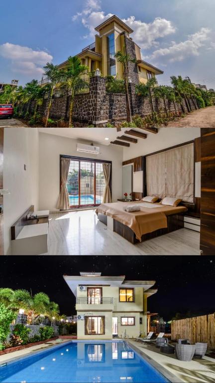 two pictures of a house and a swimming pool at Lifeline Villas - Luxurious Taraangan 4 Mountain View Villa With Biggest Pool And Huge Open Area in Lonavala