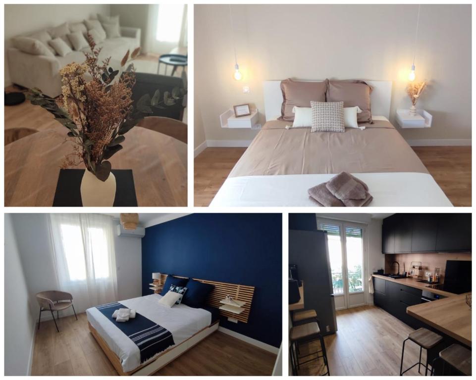 un collage de quatre photos d'une chambre dans l'établissement Le Victor Hugo - Avignon intra muros - Calme - Clim - Lumineux, à Avignon