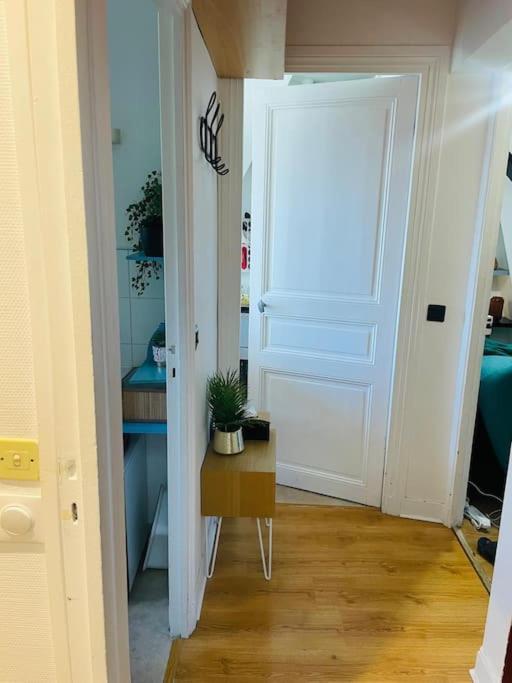 un couloir avec une porte blanche et une plante en pot dans l'établissement Centralised Apartment in Paris, à Paris